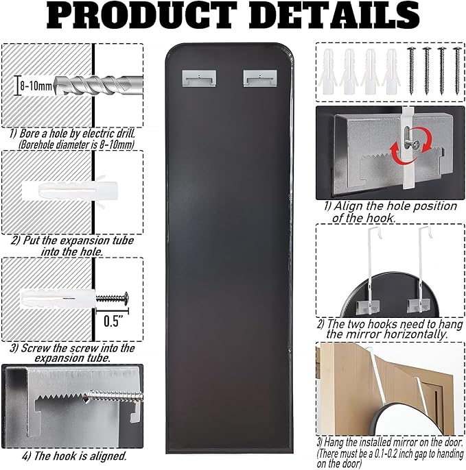 47x14 Mirror Full Body Length Back Door Hanging Wall Mounted Metal Frame Make-up Rectangle Dressing Mirrors for Bedroom Bathroom Living Room 47 14 inch Black