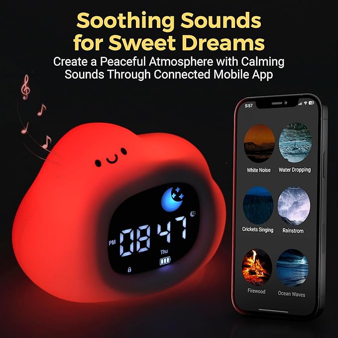 Bumble & Bright Go & Glow Cloud App Control Kids Alarm Clock – Digital Sleep Trainer with USB-C Corded, 8 Night Light Colors, 6 Soothing Sounds, 12/24H Routine Trainer, Gift for Boys & Girls