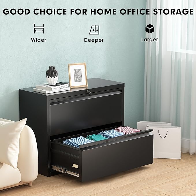 Pataku Lateral File Cabinet, 2 Drawer File Cabinet with Lock, Black Filing Cabinets for Home Office, Metal File Cabinet for Hanging Files/Letters/Legal/F4/A4(Black)