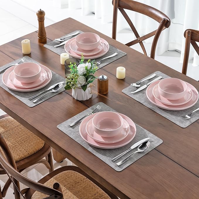 AmorArc Ceramic Dinnerware Sets for 4, Pocelain Plates and Bowls Sets, Scratch Resistant Dishes Set, Dishwasher & Microwave & Oven Safe,Pink-12 pcs