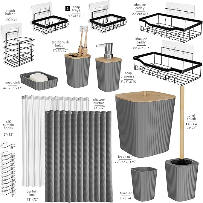 Shower Caddy and Bathroom Accessories Set, 25PC Bathroom Accessory Set with Shower Shelf Caddy for Bathroom Storage, Grey Shower Curtain Set, Toilet Brush, Trash Can, Soap Dispenser, Toothbrush holder