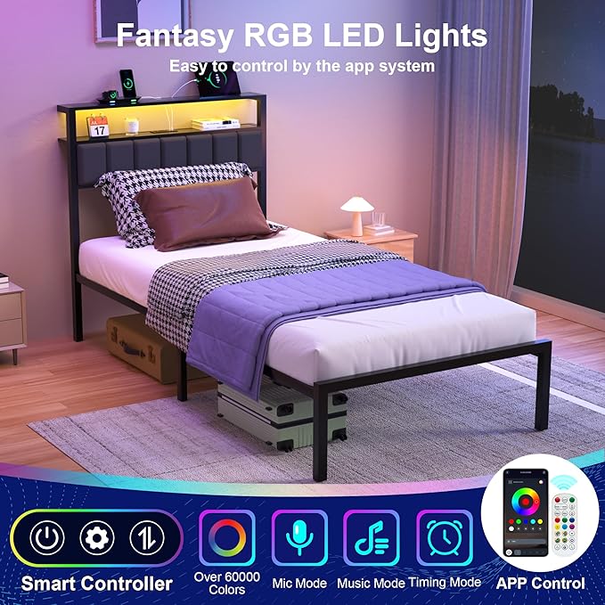 Twin Bed Frames with Charging Station and LED Lights, Twin Size Platform Bed with Metal Slats, Upholstered Headboard with 2-Tier Storage Shelves, No Box Spring Needed, Easy Assembly, Black