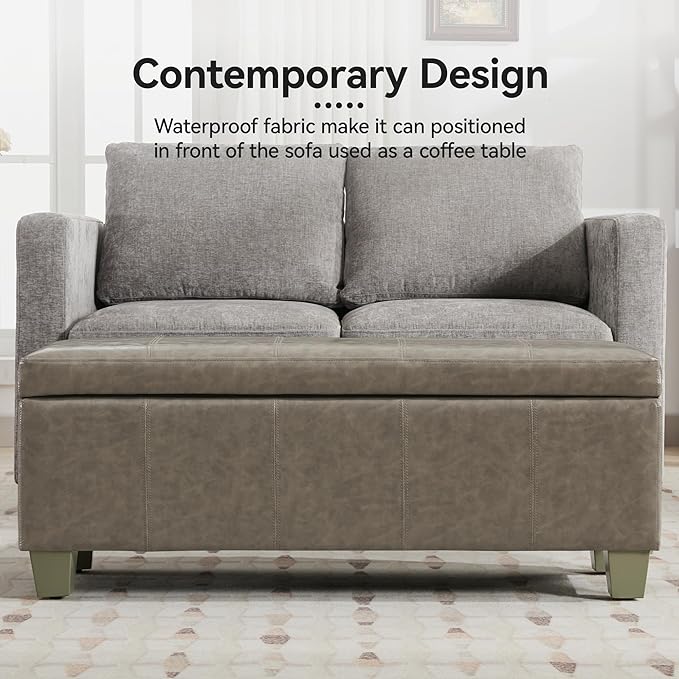 51" Faux Leather Storage Ottoman, Stitch Tufted Rectangle Upholstered End of Bed Storage Bench, Entryway Large Couch Ottoman with Wooden Legs,Grey