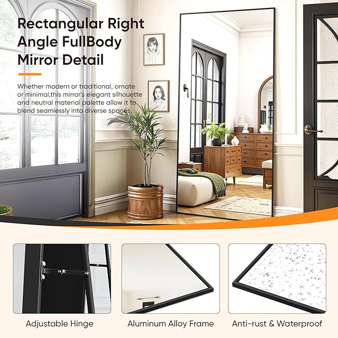 Suidia Full Length Mirror, 58"x21" Floor Standing Mirror Freestanding, Full Body Mirrors with Stand for Bedroom, Hanging Mounted for Living Room Cloakroom, Black, Rectangular Style