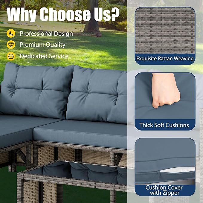 Vongrasig 3 Pieces Patio Furniture Sets, All-Weather Wicker Outdoor Sofa Couch Sectional Set, Small Conversation Set for Patio, Garden w/Cushion, Glass Table, (Blue)