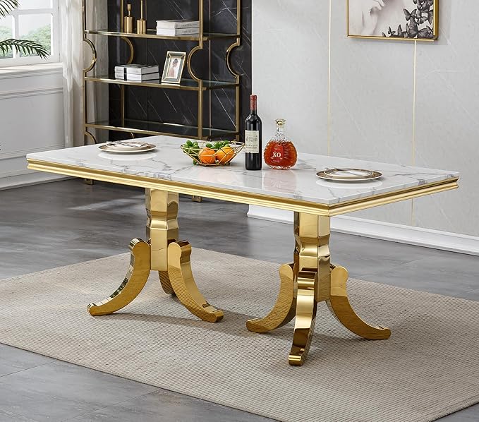 Goujxcy Faux Marble Dining Table Set for 6, Modern 7-Piece Dining Table Set with 6 Velvet Upholstered Chairs, 70" Large Long Faux Marble Kitchen Dining Room Table and Chairs with Stainless Steel Legs