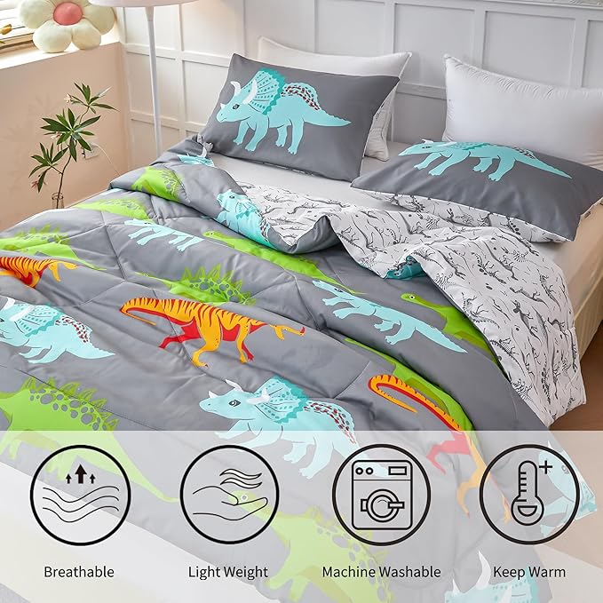 RYNGHIPY Dinosaur Kids Comforter Set Cartoon Dinosaur Bedding Sets for Boys 3 Pieces Twin Microfiber Comforter with Pillowcases Soft Lightweight (Dark Grey,Twin)
