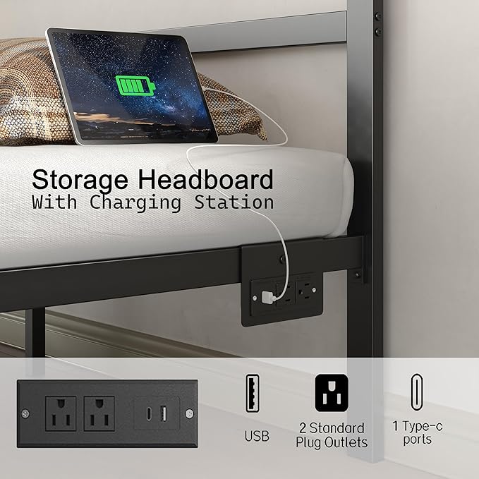 Full Bed Frame with Smart LED Lights, Storage Headboard and USB Charging Station,Heavy Duty Wooden Slats, No Box Spring Needed, Noise Free, Easy Assembly (Minimalist Black, Full)