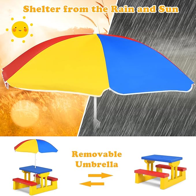 HONEY JOY Kids Picnic Table, Toddler Plastic Outdoor Table & Bench Set with Umbrella, Children Patio Furniture Set for Backyard Garden, Kids Picnic Tables for Outdoors, Gift for Boys Girls Age 3+
