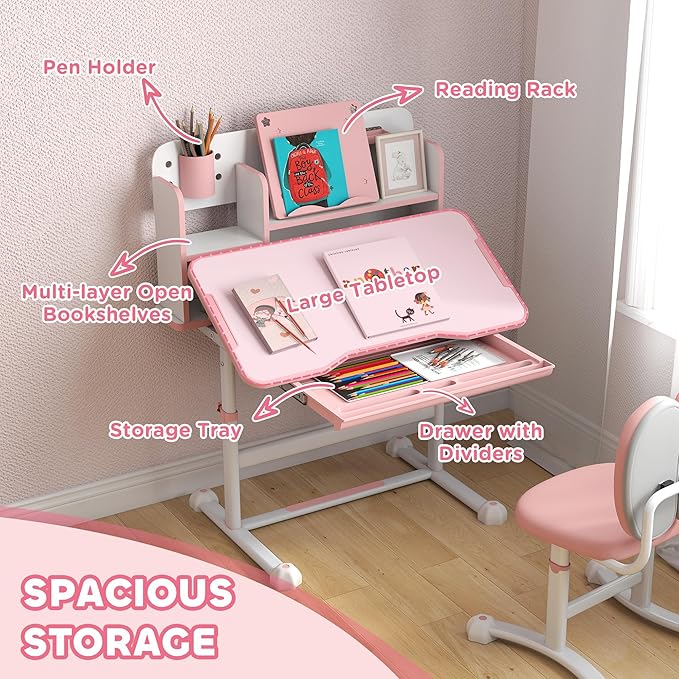 Qaba Kids Desk and Chair Set, Height Adjustable Kids School Study Desk and Chair Set with Tilt Desktop, Storage Drawer and Reading Rack for Writing, Reading and Drawing, Pink