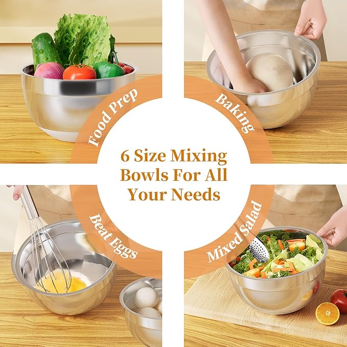 Mixing Bowls with Lids Set, 6 Piece Stainless Steel Nesting Storage Bowls for Kitchen, with 3 Grater Attachments & Non-Slip Bottoms, Size 5.5,3.5,2.5,2.1,1.5,1.1 QT