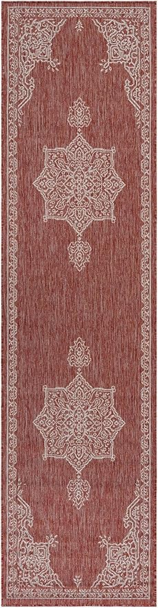 Unique Loom Outdoor Traditional Collection Area Rug - Antique (2' 7" x 10' Runner Rust Red/Ivory)