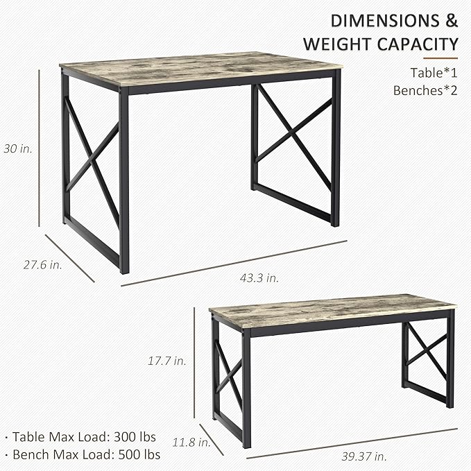 VECELO Kitchen Table with 2 Benches for 4, 43.3'' Wood Dining Room Dinette Sets with Metal Frame for Breakfast Nook and Small Space, Grey