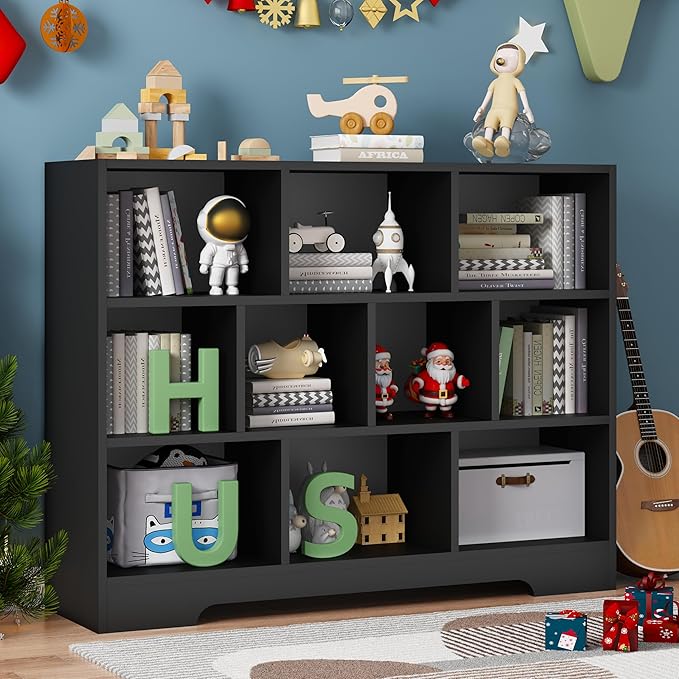 Book Shelf for Kids, 10 Cubes Storage Organizer Montessori Bookshelf, 3-Tier Wooden Kids Bookcase, Toy Storage Organizer for Children, Black Toddler Bookshelf Cube Shelf for Kid’s Room, Classroom