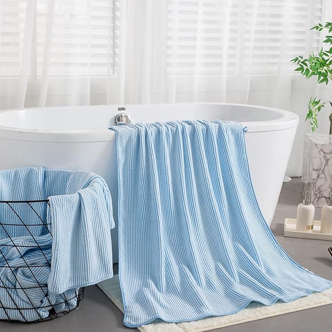 8-Piece Premium Towel Set for Bathroom|2 Oversized Large Bath Sheet,2 Hand Towels,4 Washcloths|Soft Cozy Highly Absorbent Fast Dry Microfiber Shower Towel Set for Hotel Bathroom Essentials,Blue White