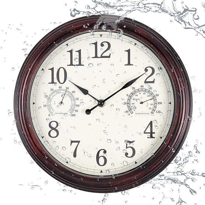 12 inch Outdoor Wall Clock, Plastic Waterproof Outdoor Clocks with Temperature & Humidity, Water Resistant Wall Clock for Patio Garden, Dark Brown