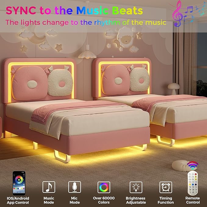 Twin Size Upholstered Bed Frame with LED Lights, Girls Bed with Adjustable Chic Double Headboard, Boucle Princess Platform Bed for Kids/Girls, Solid Wood Slats Support, No Box Spring Needed, Pink
