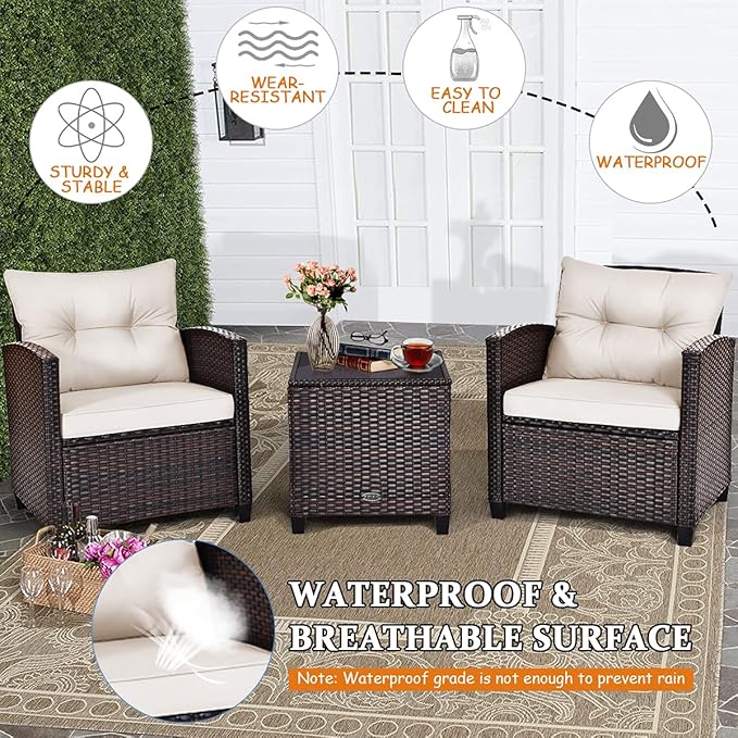 Tangkula 3 Pieces Patio Furniture Set, PE Rattan Wicker 3 Pcs Outdoor Sofa Set w/Washable Cushion and Tempered Glass Tabletop, Conversation Furniture for Garden Poolside Balcony (White)