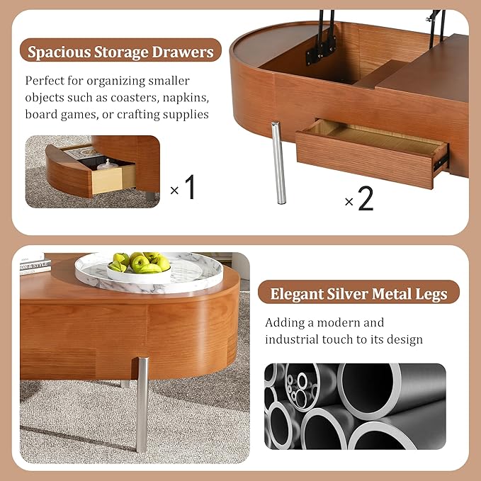 WILLIAMSPACE 47.2" Oval Lift Top Coffee Table with 360-degree Marble-Patterned Rotating Tray, Modern Wooden Center Table Side End Table Lift Tabletop with Hidden Compartment for Living Room, Brown