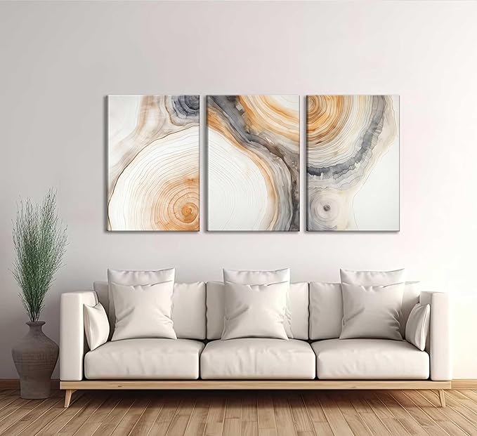 3 Pcs Beige Tree Rings Canvas Wall Art Modern Neutral Abstract Geome Nature Tree Ring Paintings Pictures Wall Decor Poster Print Artwork for Living Room Bedroom Office Home Decoration