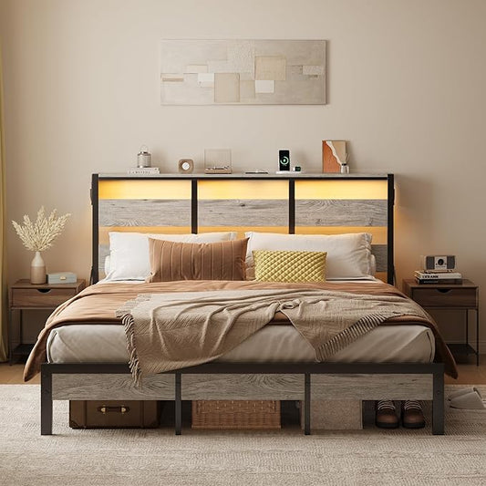 Bestier Queen Bed Frame with Storage Headboard and Charging Station, Grey Platform Bed Frame with LED Light, Non-Slip Metal Bed Frame, Noise-Free, Easy Assembly