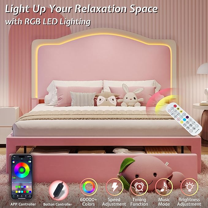 Jocisland Twin Bed Frame with 51" Tall & Thick Adjustable Headboard, Storage Drawer, RGB LED Lights, No Box Spring Needed, Velvet Upholstered, Pink