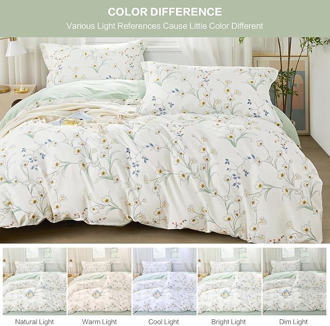 SAPHREAS Twin Size Duvet Cover Set 2pcs White Fresh Floral Pattern Bedding Comforter Cover Set 100% Cotton 1 Duvet Cover 68"x90" 1 Pillow Sham, Comforter Not Included