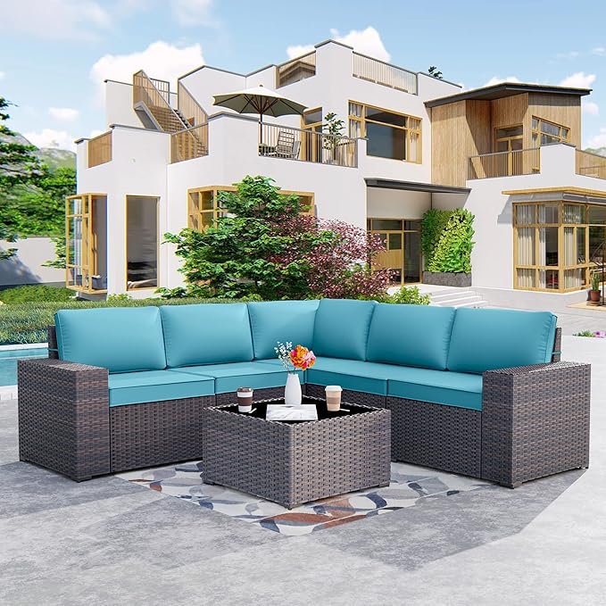 Kurapika 9 Pieces Patio Furniture Set, Rattan Wicker Sofa Set, Outdoor Conversation Sets w/Swivel Rocking Chairs Patio Sectional Sofa w/4 Inch Cushion, Blue