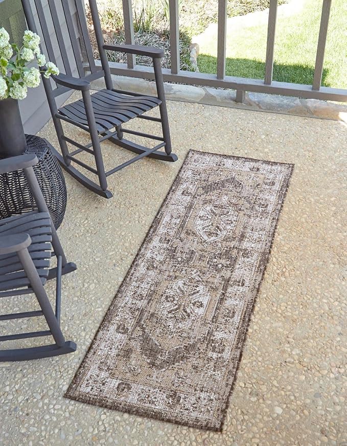Unique Loom Outdoor Traditional Collection Area Rug - Valeria (2' x 6' 1" Runner, Charcoal/ Natural)