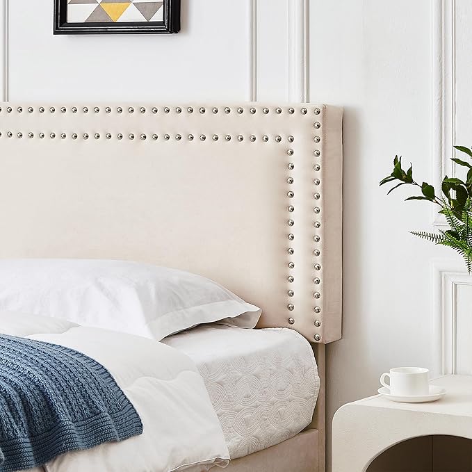VECELO Twin Size Platform Bed Frame with Adjustable Upholstered Headboard, Nailhead Decor, Strong Wood Slat Support, No Box Spring Needed, Easy Assembly