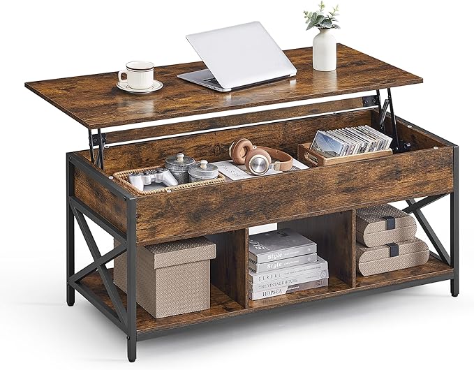 VASAGLE Lift Top Coffee Table, Lift Coffee Table with Storage Shelf, Hidden Compartments and Lifting Top, for Living Room, Office, 19.7 x 47.2 x (19.3-24.4) Inches, Rustic Brown and Black ULCT212B01