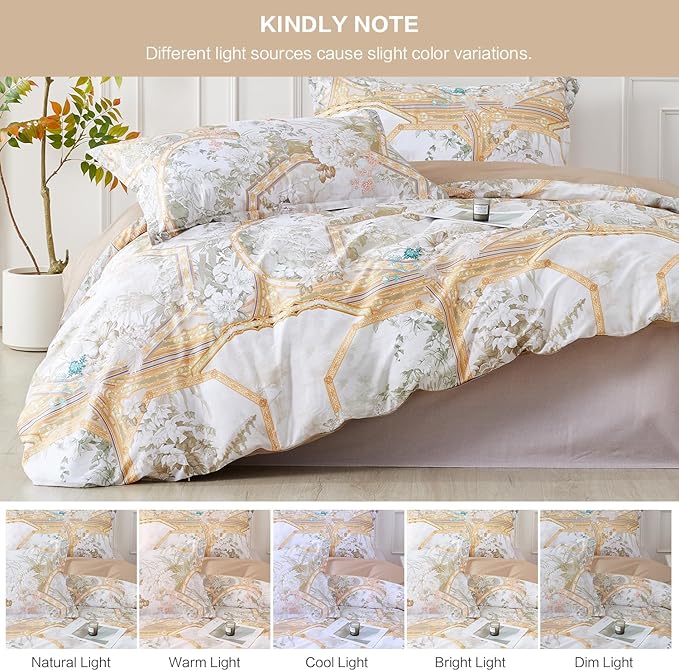 SAPHREAS Gold Floral Duvet Cover Set 2pcs Twin Size White Flower Botanical Blossom Bedding Comforter Cover Set 100% Cotton 1 Duvet Cover 68"x90" 1 Pillow Sham, Comforter Not Included