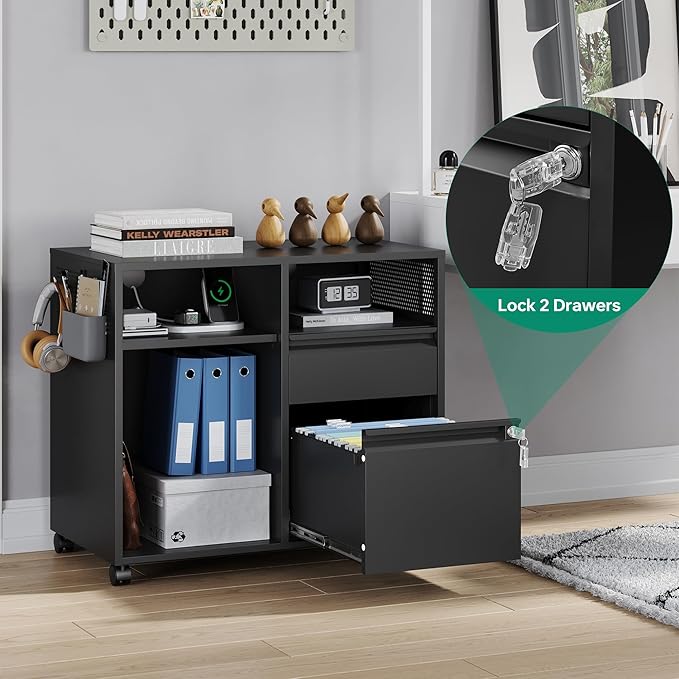 Letaya Mobile File Cabinet, Metal Lateral Rolling Printer Stand Filing Cabinets with Shelves for Home Office-Storage A4/F4/Letter (Black)