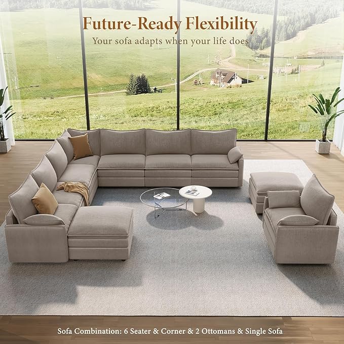 Vesgantti Large Modular Sectional Sofa, Big Comfy Cloud Couch with Ottoman, Chenille Deep Seat Cloud Sofa, 9 Seater Large Sectional Couches for Living Room, Bedroom, Apartment, Light Brown