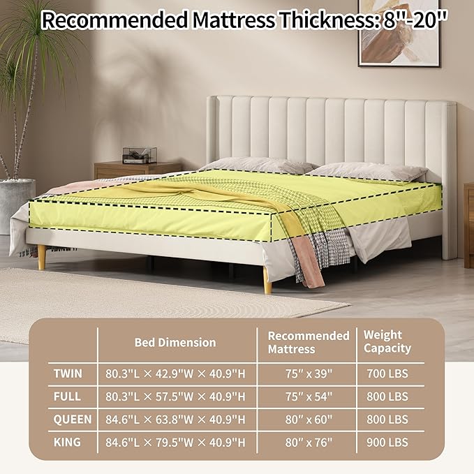 King Size Upholstered Platform Bed Frame with Modern Wingback & Vertical Panel Headboard, Velvet Fabric, Wooden Legs & Slats Support, No Box Spring Needed, Noise-Free & Easy Assembly, Cream