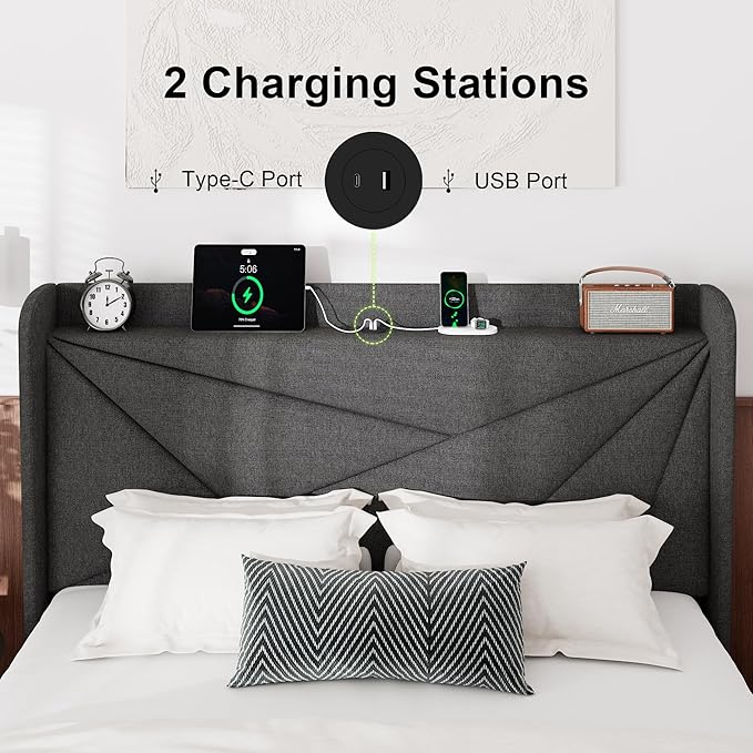 Feonase Full Bed Frame with Charging Station, Linen Upholstered Platform Bedframe with Wingback Headboard, Solid Wood Slats Support, Noise Free, No Box Spring Needed, Charcoal Grey