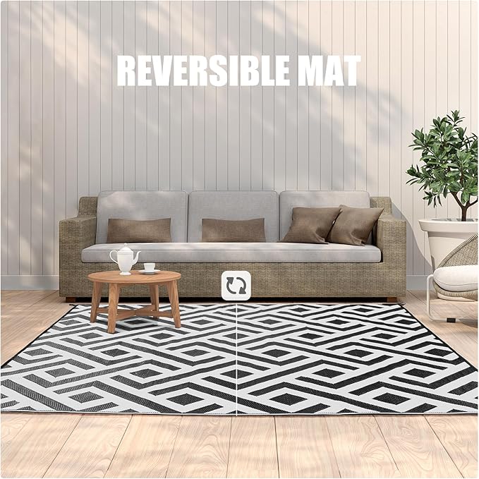 Terrug Outdoor Rug Waterproof 6x9 Ft, Foldable Outdoor Plastic Straw Rug, UV Reversible Patio Rug Decor, Outdoor Area Rug for Camping, RV, Porch, Deck, Backyard, Balcony, Picnic, Black & Light Grey