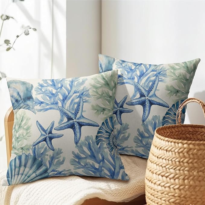 Kawani Beach Theme Pillow Covers 22x22 Inch Coastal Starfish Coral Outdoor Throw Pillows Set of 2 Summer Ocean Nautical Pillowcases Rustic Cushion Covers for Couch Home Decor