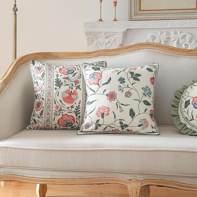 Design Square Retro Elegance Linen Throw Pillow Covers 18"x18" Pack of 2, Green Pink Floral Pattern Cushion Covers Decor Pillowcases for Bed,Living Room,Outdoor,Car