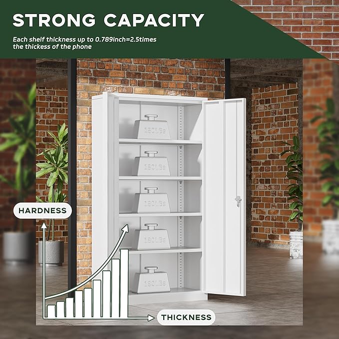 Greenvelly Metal Garage Storage Cabinet with Doors and Adjustable Shelves,72" Steel Lockable File Cabinet for Home Office,Garage,School(White,32" W x 16" D)