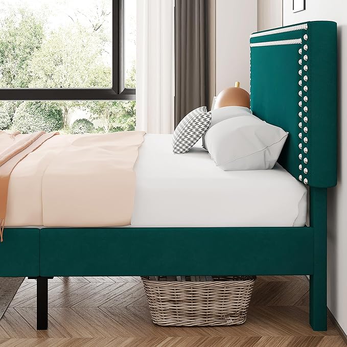 VECELO Bed Frame Queen Size with Adjustable Upholstered Headboard, Wooden Slats Platform, Noise-Free Design, Easy Assembly