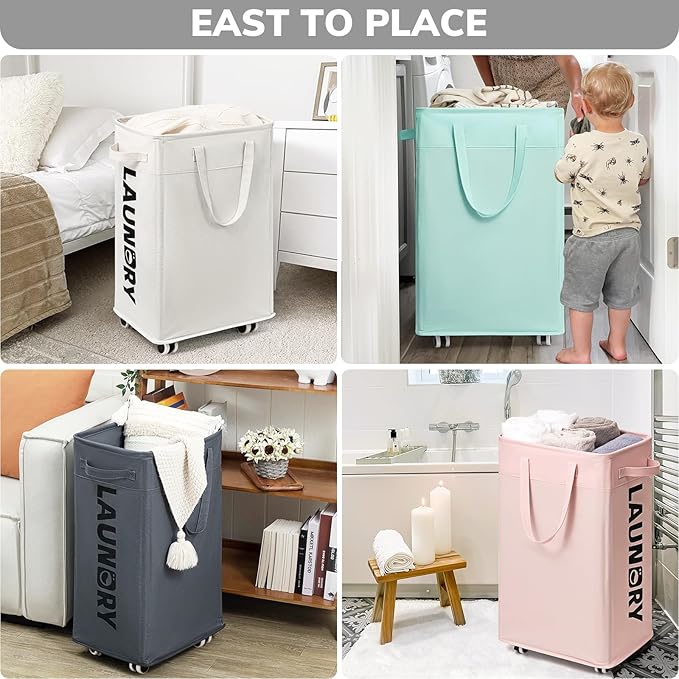 Goodpick Laundry Hamper with Wheels, 75L College Dorm Room Essentials, Clothes Hamper with Removable Wash Bag for Bedroom, Large Laundry Basket with Handle, White