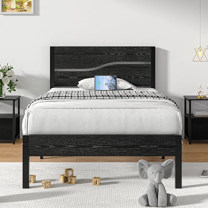 VECELO Twin Size Platform Bed Frame with USB Charging Station and Wood Storage Headboard, Heavy Duty Metal, Large Storage, Noise-Free, No Box Spring Needed, Easy Assembly, Black