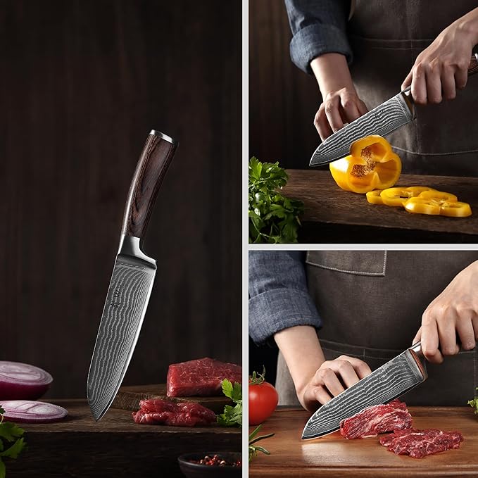 Wakoli 7-inch Damascus Santoku Knife - 67-Layer VG10 Core Steel, Razor Sharp Japanese Chef's Knife with Pakkawood Handle, for Meat, Vegetables & All Kitchen Tasks - Gift Box (EDIB)
