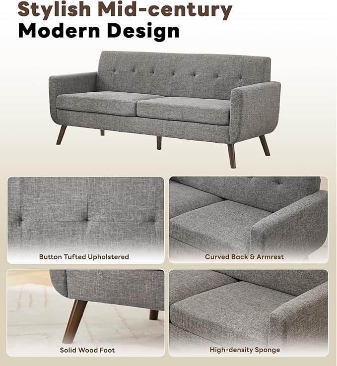 Tbfit 77.2" W Linen Sofa Couch, Mid Century Modern Decor Loveseat Couches for Living Room, Button Tufted Upholstered Small Couch for Bedroom, Solid, and Easy to Install Love Seats Furniture, Grey