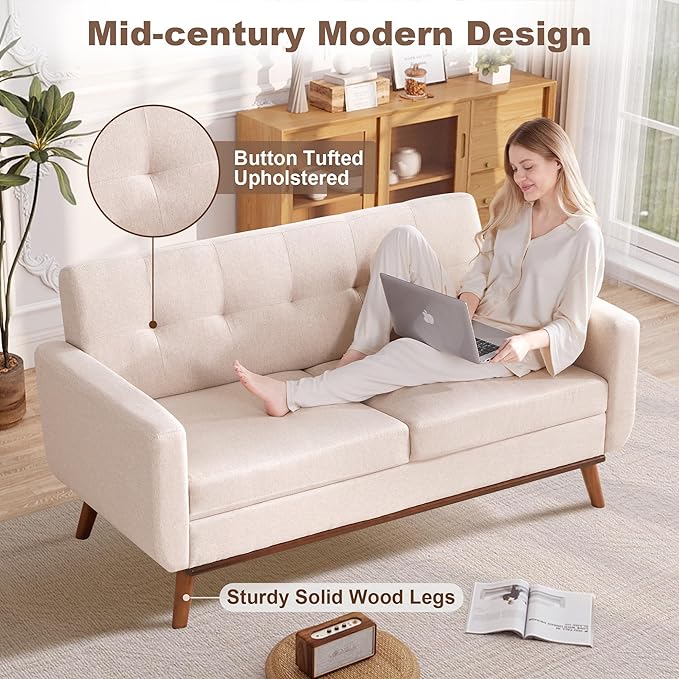 Kingfun 65" W Loveseat Sofa, Mid Century Modern Decor Love Seat Couches for Living Room, Button Tufted Upholstered Furniture, Solid & Easy to Install Small Couch for Bedroom Office Apartment,Oatmeal