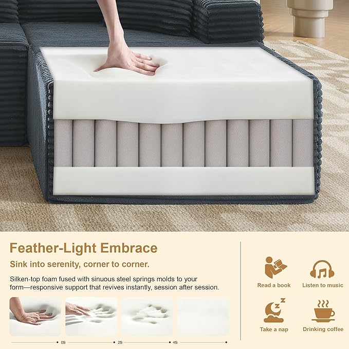 105''Sectional Cloud Couch with L Shaped Chaise,Modern Modular Sectional Sofa,Comfy Sectional Couches for Living Room,Bedroom,Apartment (Dark Grey, Right Facing Chaise)