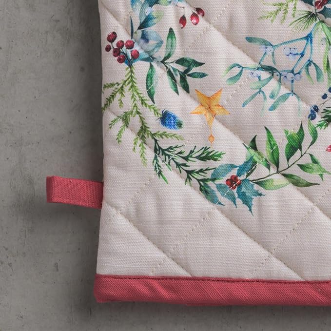 Maison d' Hermine 100% Cotton Oven Mitt & Pot Holder Set (7.5"x13" & 8"x8") Heat Resistant BBQ Cooking Gloves with Loop for Thanksgiving Christmas Decorations Handling Hot Pans (Holly Time)