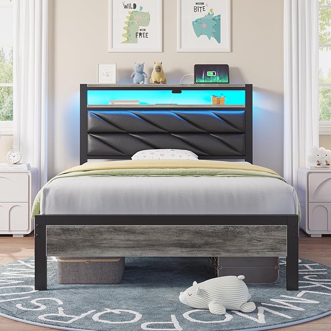 Seventable Bed Frame Twin Size with Charging Station, LED Bed with Upholstered Storage Headboard, Metal Platform Bed with Under Bed Storage, No Box Spring Needed, Noise Free, Easy Assembly, Black
