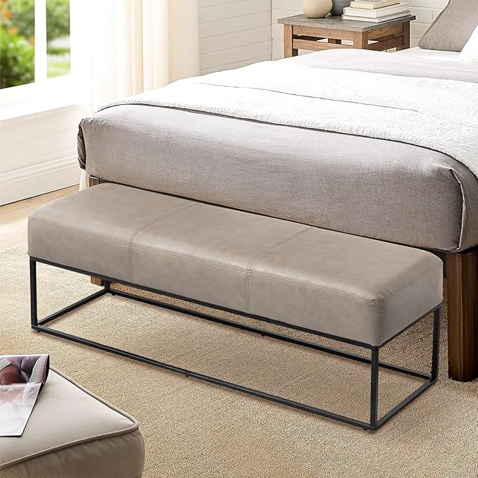 Leather Entryway Bench, Modern Long Leather Ottoman Bench Seat with Metal Frame, 47'' Upholstered Bedroom Bench for Living Room Entryway Window, Taupe